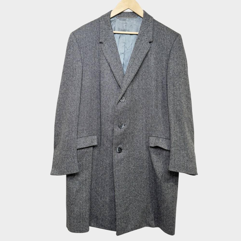 Vintage Men's Grey Herringbone Tweed Overcoat Wool Winter Trench Jacket Size 48